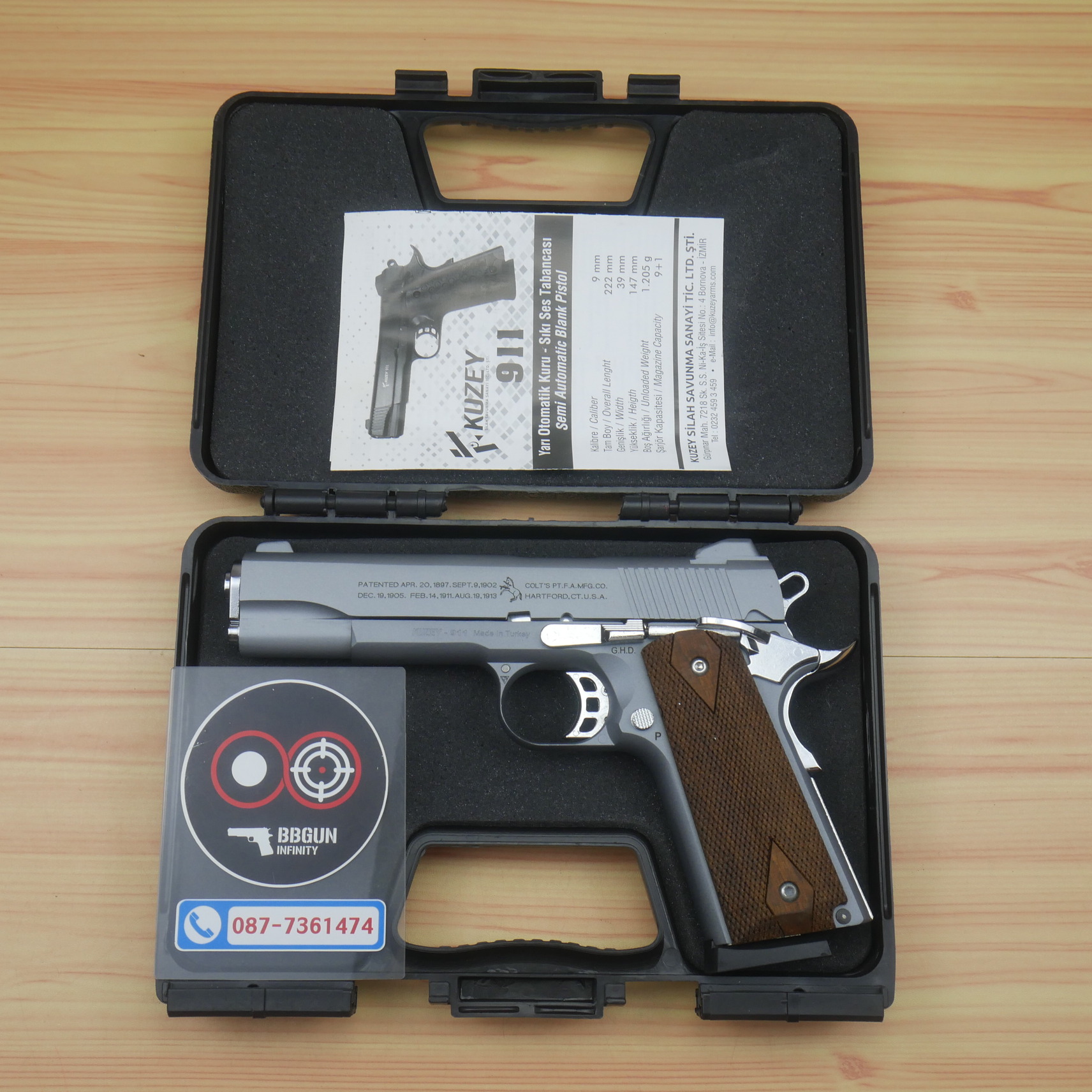 แบลงค์กัน KUZEY M1911 COLT'S 100 ปี สีสโมค ลำกล้อง 5 นิ้ว blank gun ด้ามไม้ (แถมกล่องใส่ปืน)