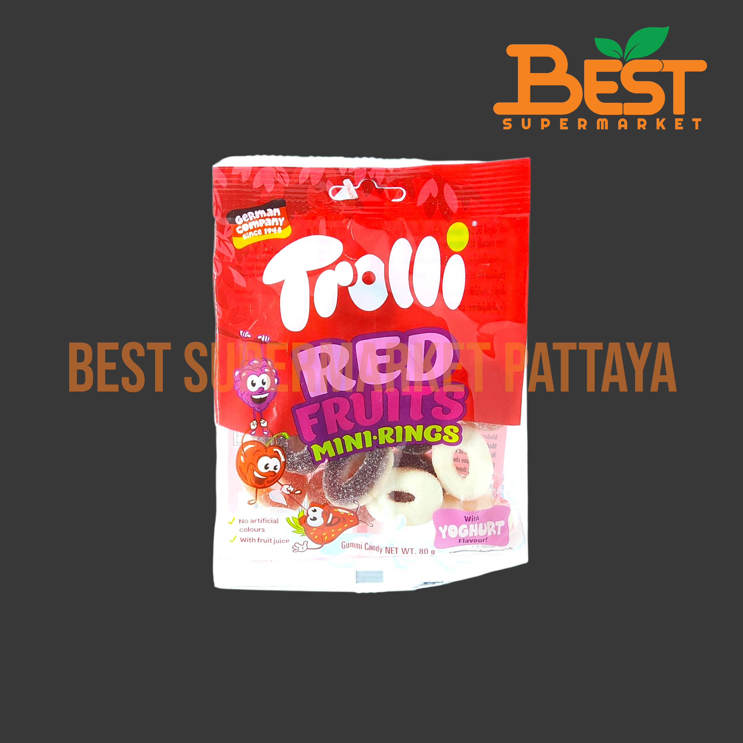 ทรอลลี่ วุ้นเจราตินสำเร็จรูป กลิ่นเบอร์รี่ต่างๆ และกลิ่นโยเกิร์ต 80 กรัม.Trolli Red Fruits Mini Rings 80g.