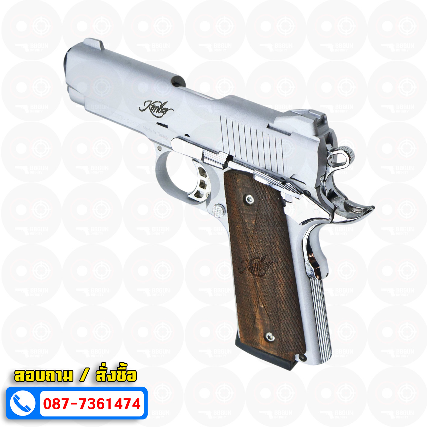 Blank Gun KUZEY Kimber 1911 ลํากล้อง 4 นิ้ว เงินด้าน แบลงค์กัน ด้ามไม้ (แถมกล่องใส่ปืน)