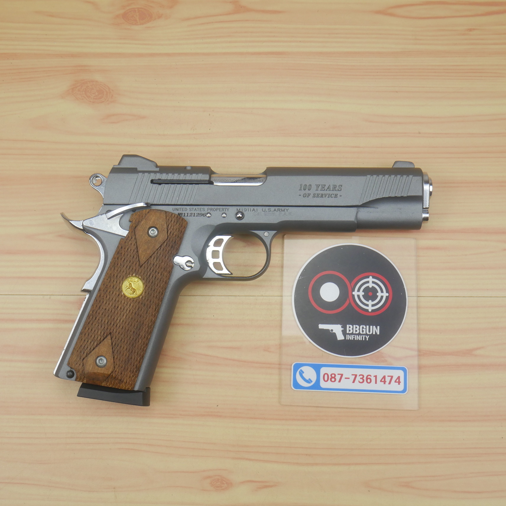 แบลงค์กัน KUZEY M1911 5 นิ้ว COLT GOVERMENT 100 Year สีสโมค blank gun ด้ามไม้ (แถมกล่องใส่ปืน)