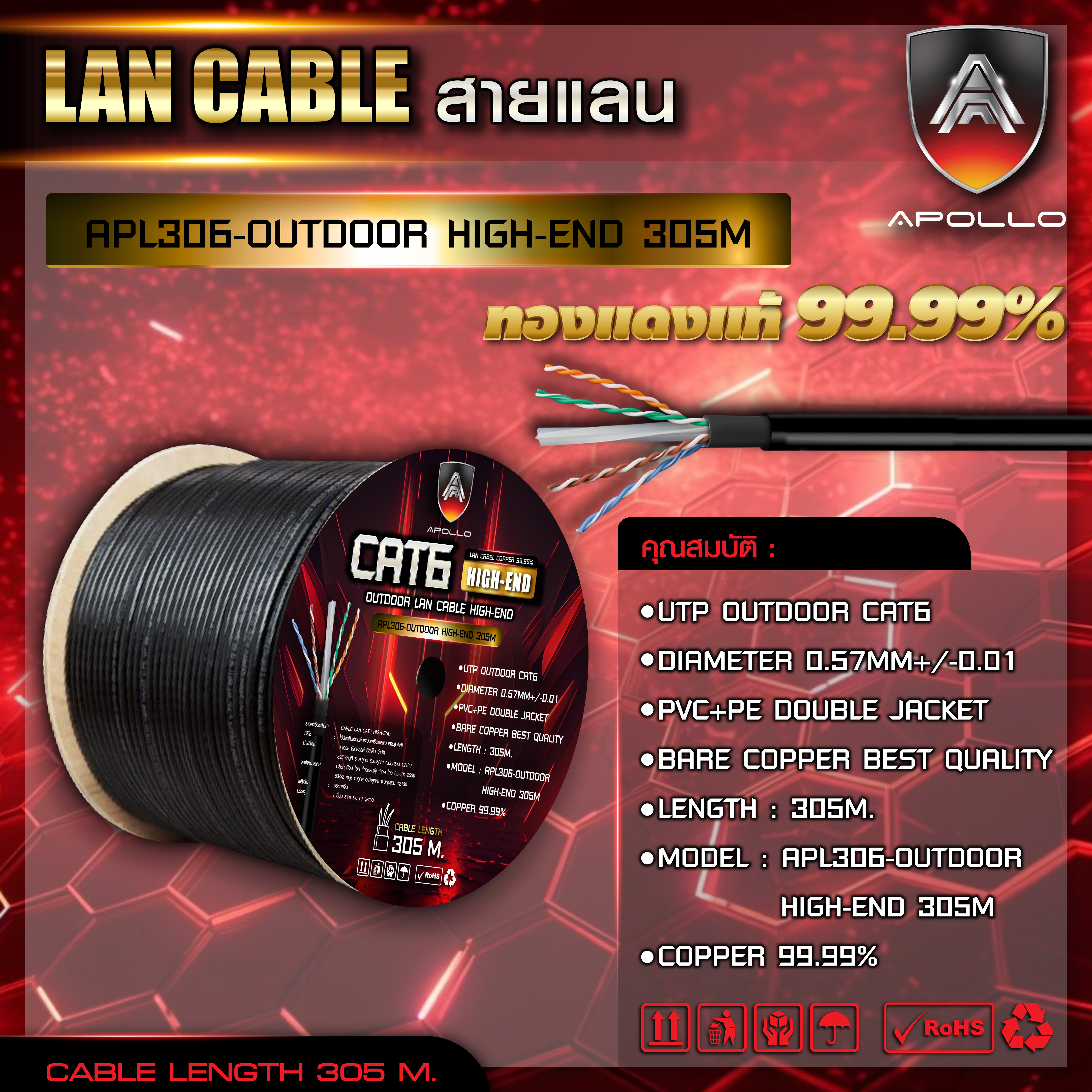 Apollo สาย LAN HIGH END CAT6 outdoor 305M