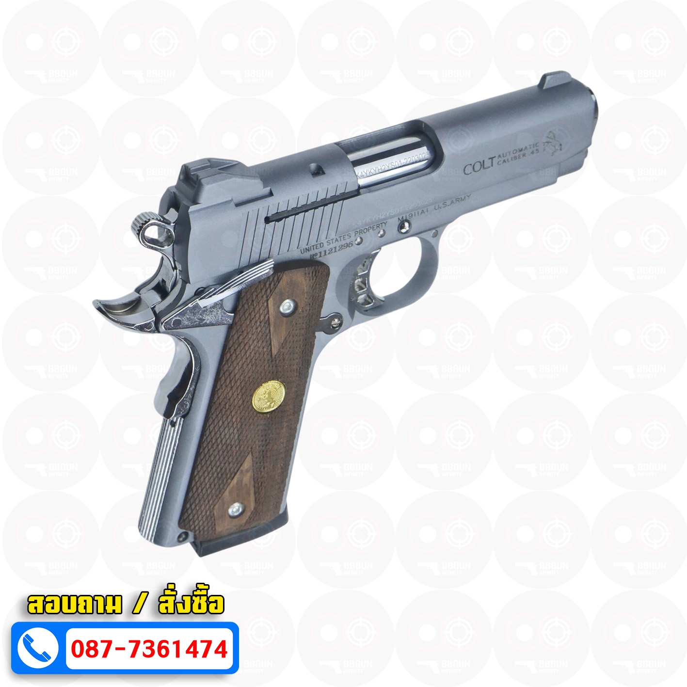 แบลงค์กัน KUZEY M1911 COLT'S MK IV SERIES'70 สีสโม๊ค 4 นิ้ว (smoke) ด้ามไม้ blank gun