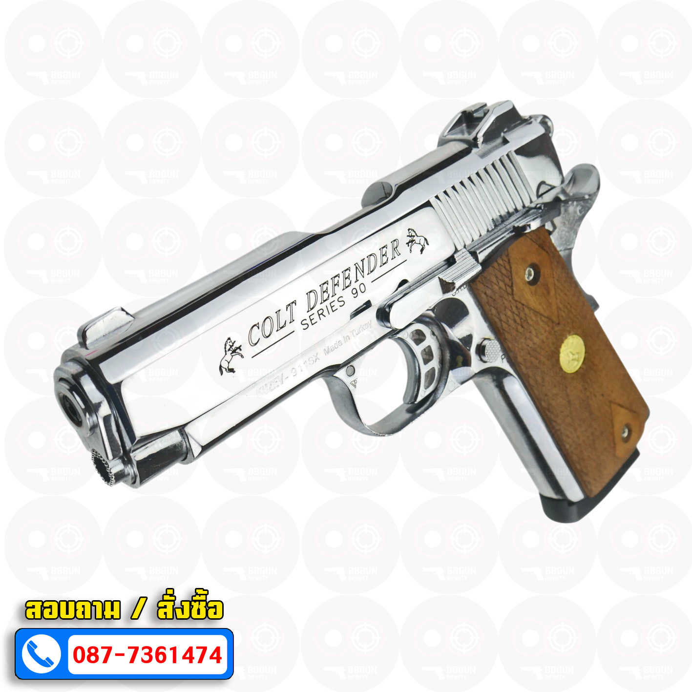 Blank Gun KUZEY M1911 COLT'S DEFENDER SERIES 90 ลำกล้อง 4 นิ้ว เงินเงา แบลงค์กัน ด้ามไม้ (แถมกล่องใส่ปืน)