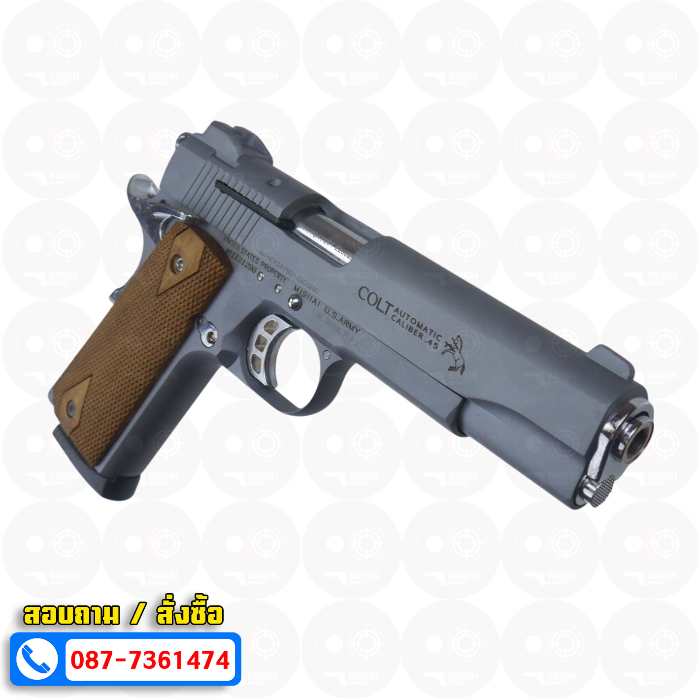 Blank Gun KUZEY M1911 COLT'S DEFENDER SERIES 90 ลำกล้อง 5 นิ้ว สีสโมค แบลงค์กัน ด้ามไม้ (แถมกล่องใส่ปืน)