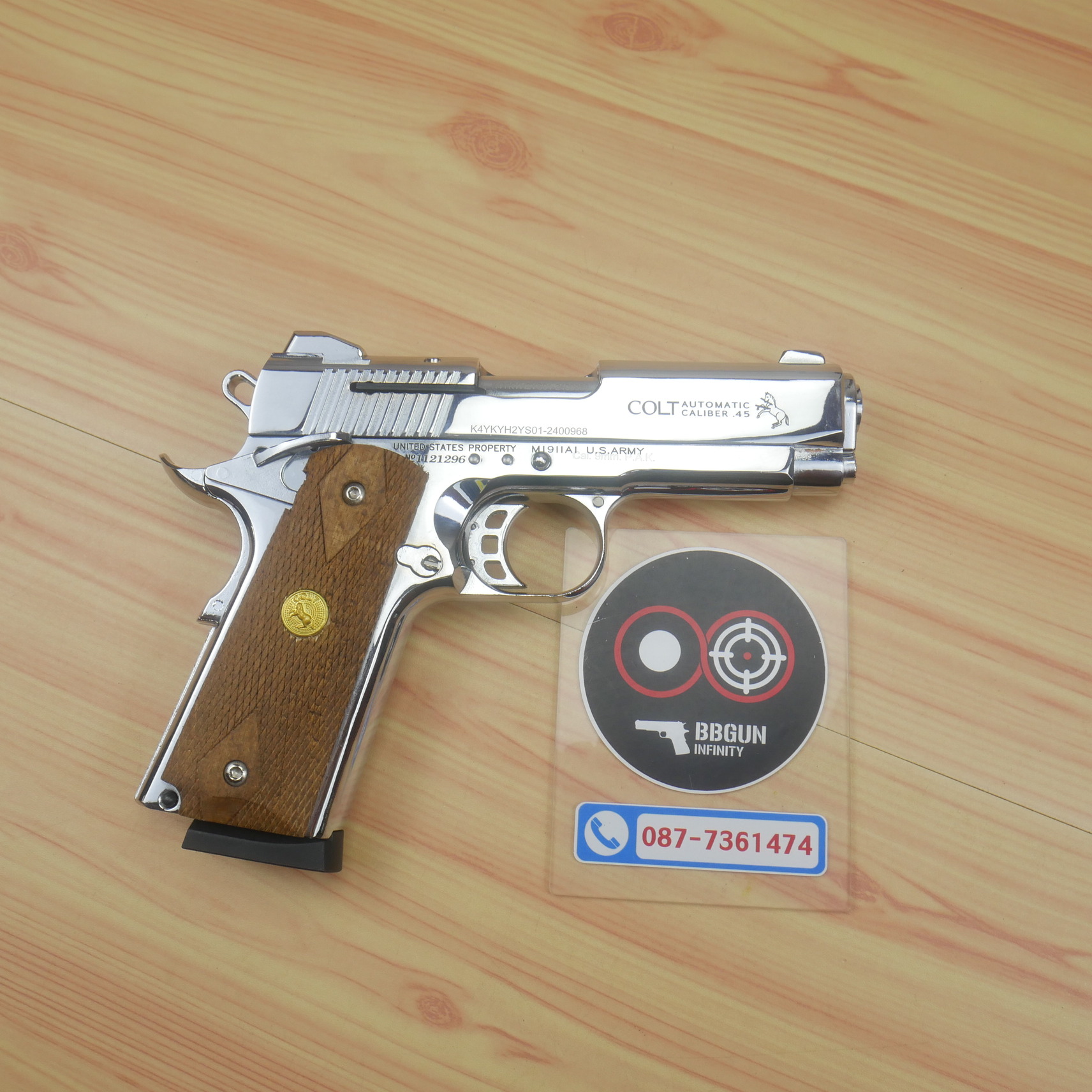 แบลงค์กัน KUZEY Special Combat Officer's ลำกล้อง 4 นิ้ว สีเงินเงา blank gun ด้ามไม้ (แถมกล่องใส่ปืน)