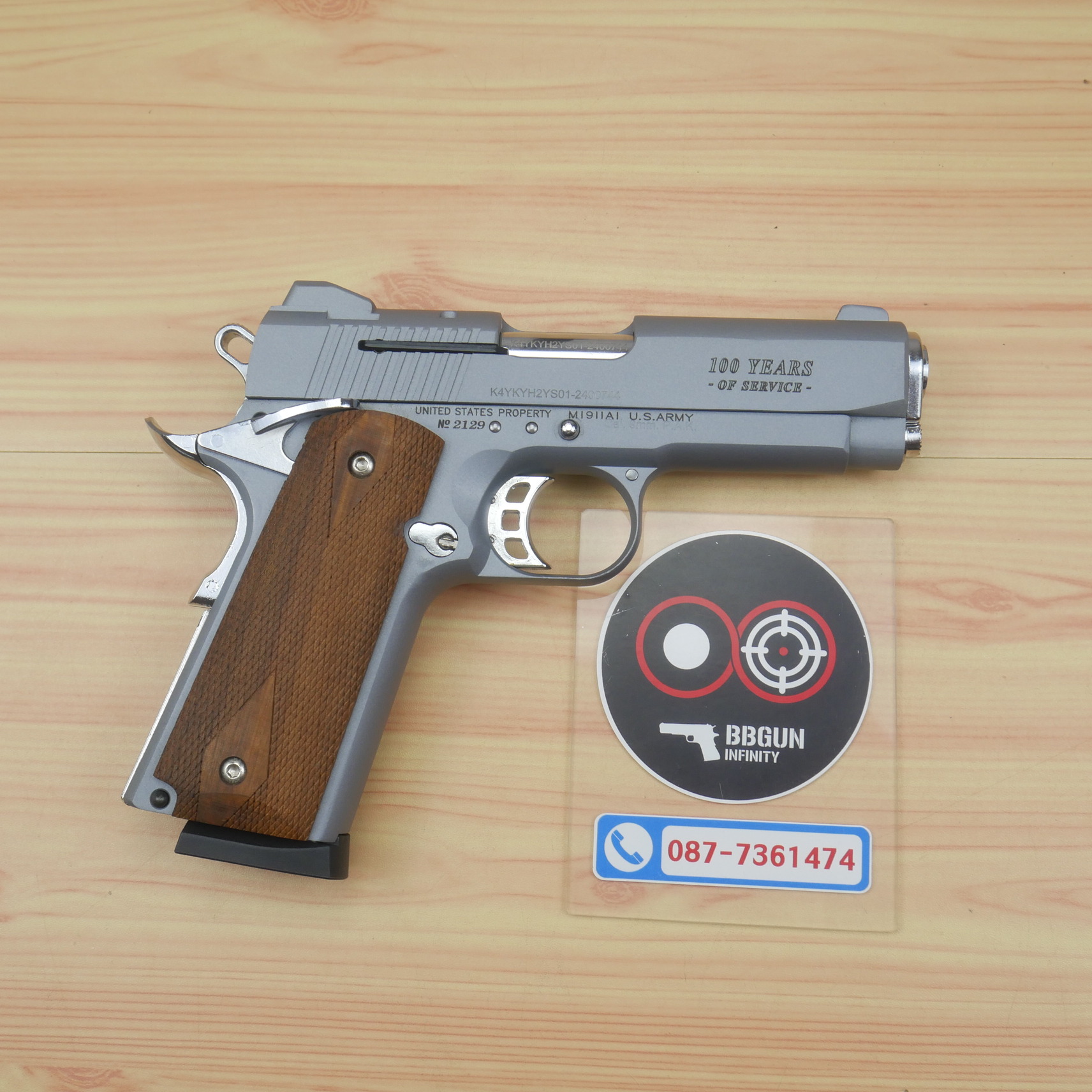 แบลงค์กัน KUZEY M1911 COLT GOVERMENT 100 Year สีสโมค 4 นิ้ว ด้ามไม้ blank gun
