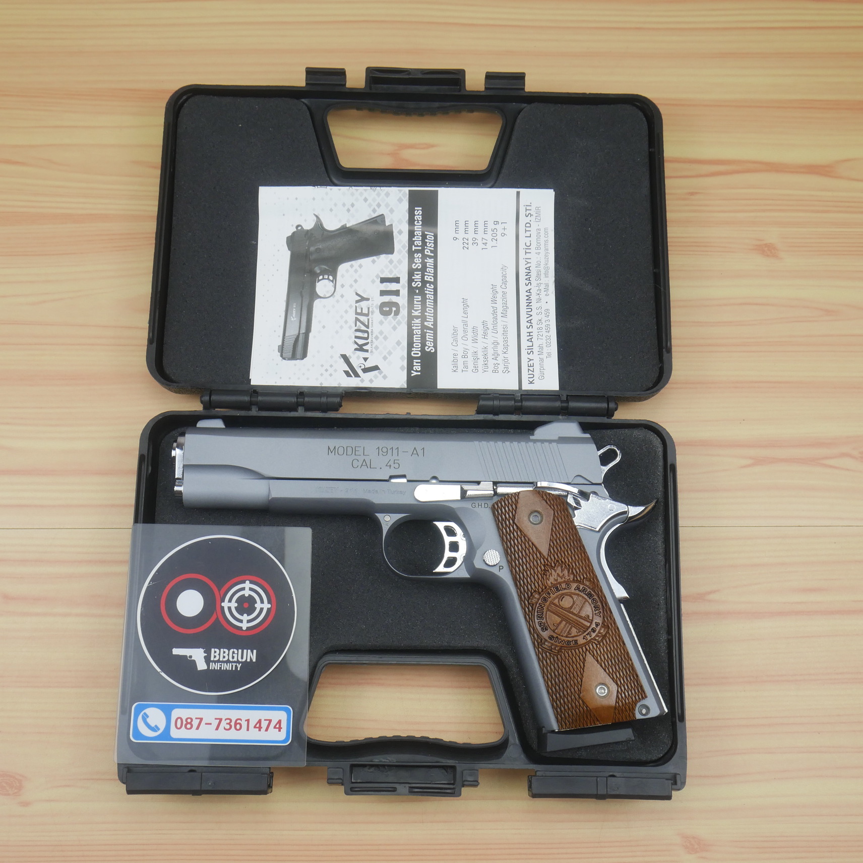 แบลงค์กัน KUZEY M1911-A1 ลำกล้อง 5 นิ้ว SPRINGFIELD ARMORY สีสโมค blank gun ด้ามไม้ (แถมกล่องใส่ปืน)