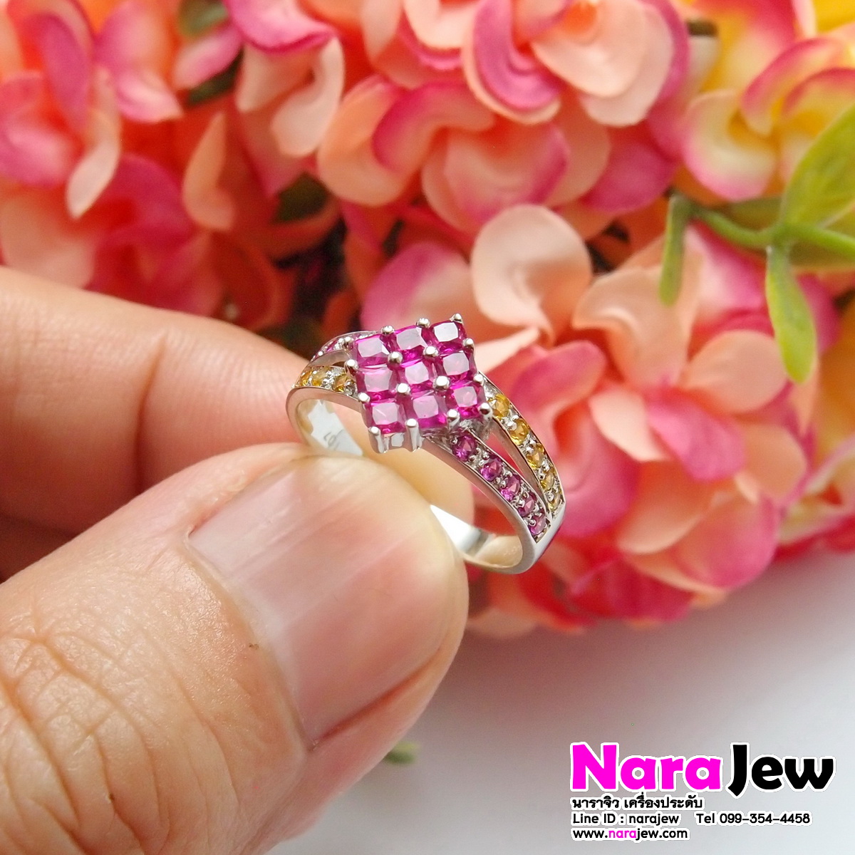 แหวนพิงค์แซฟไฟร์ Pink sapphire ประดับพลอยบุษราคัม แบบแหวนหน้ากว้างใส่เต็มนิ้ว