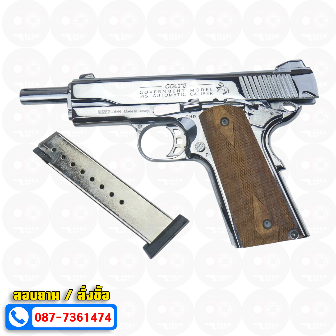 แบลงค์กัน KUZEY M1911 COLT GOVERMENT 100 Year เงินเงา 5 นิ้ว blank gun ด้ามไม้