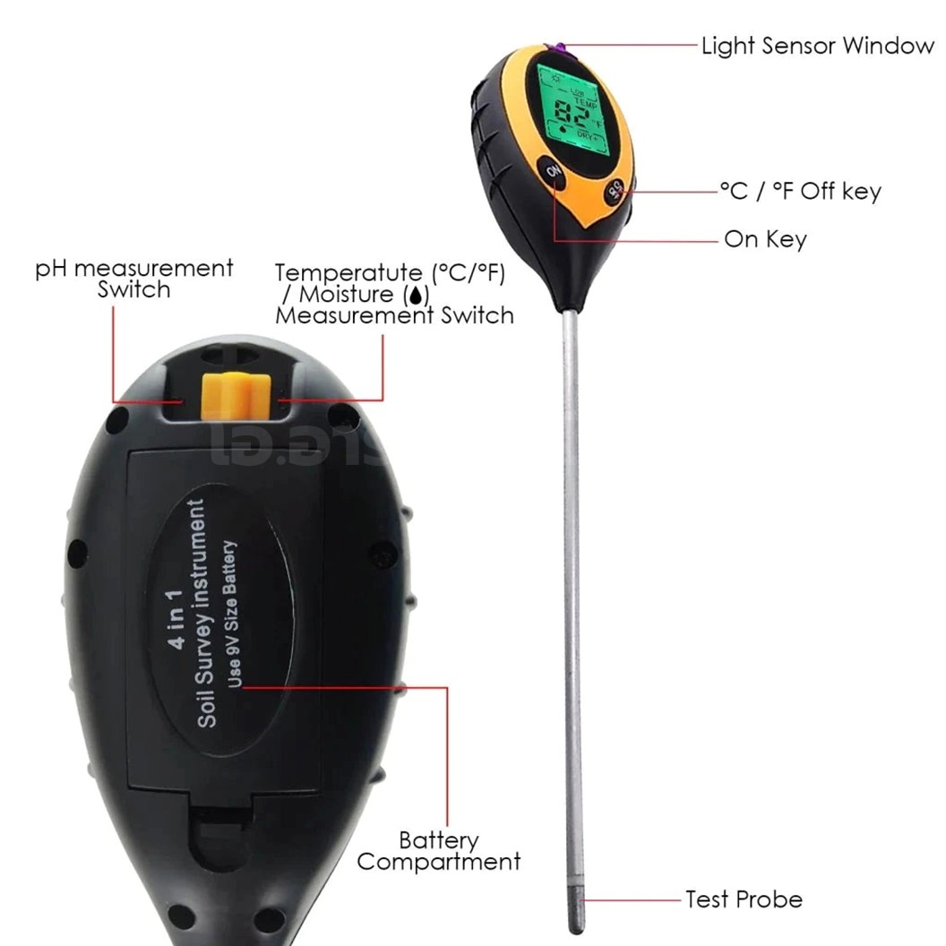 SOIL-001 Soil Survey Instrument sensor 4 in 1 เซนเซอร์วัดอุณหภูมิ ความชื้น ความเข้มแสง และค่า PH ในดิน Temperature+Soil moisture+Light density+PH soil detector environmental testing meter