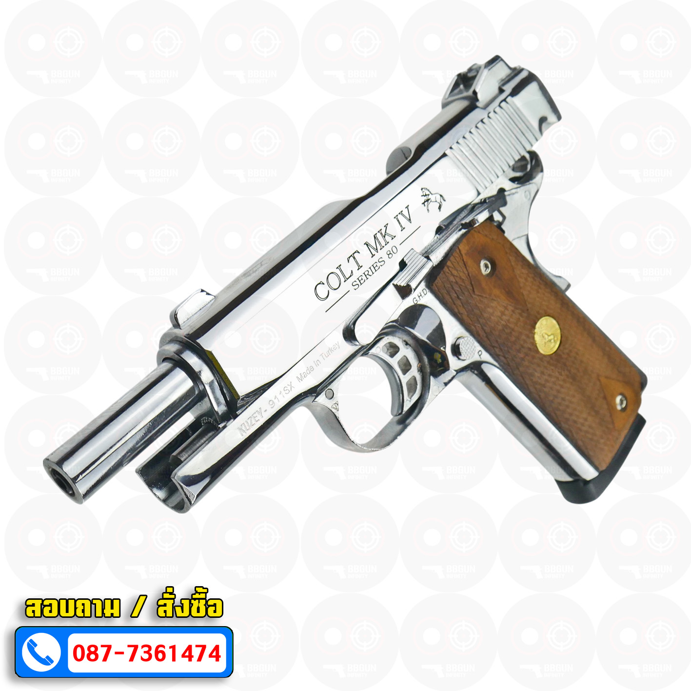 Blank Gun KUZEY M1911 COLT MK IV SERIES 80 ลำกล้อง 4 นิ้ว เงินเงา แบลงค์กัน ด้ามไม้ (แถมกล่องใส่ปืน)