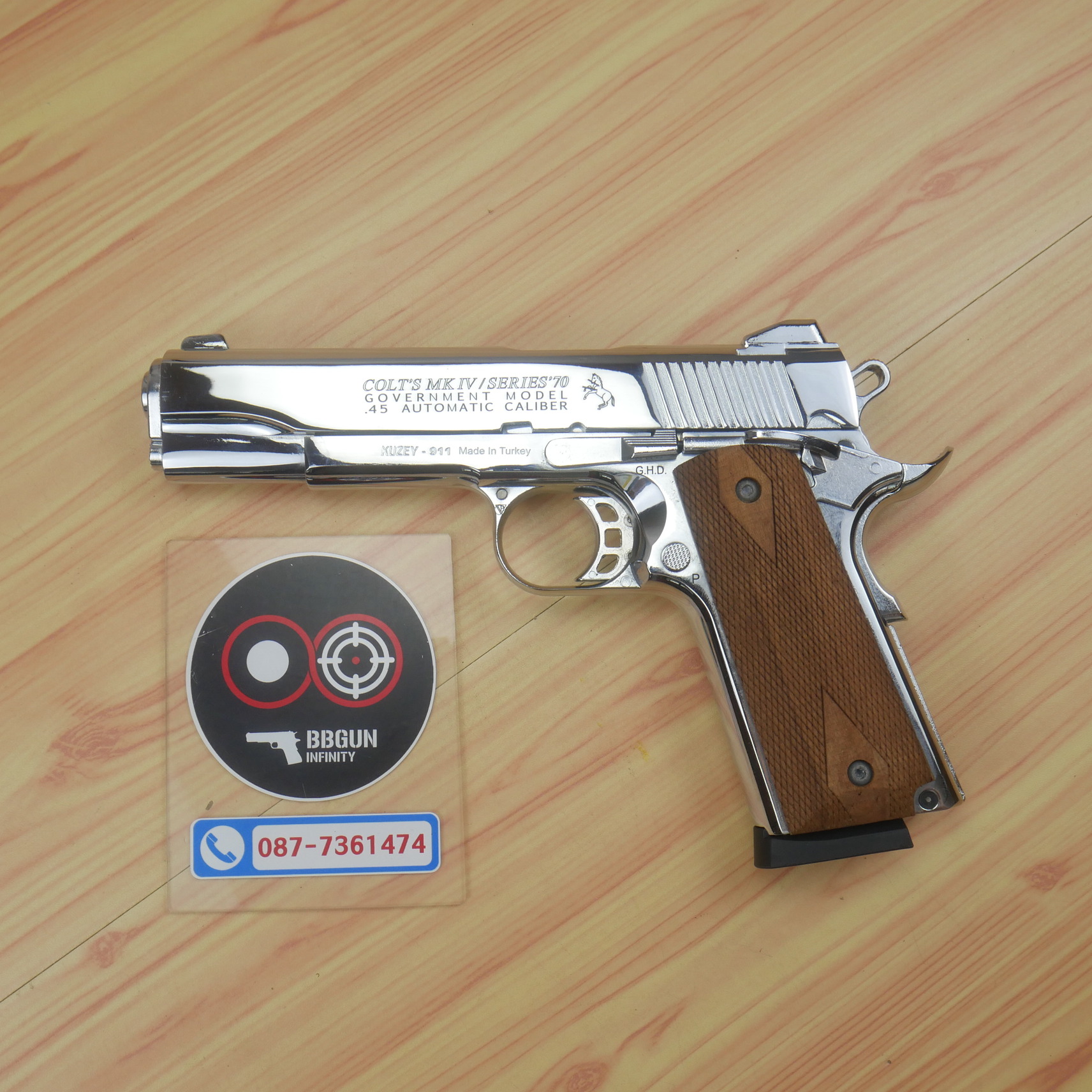 แบลงค์กัน KUZEY M1911 COLT MK IV SR70 สีเงินเงา 5 นิ้ว ด้ามไม้ blank gun