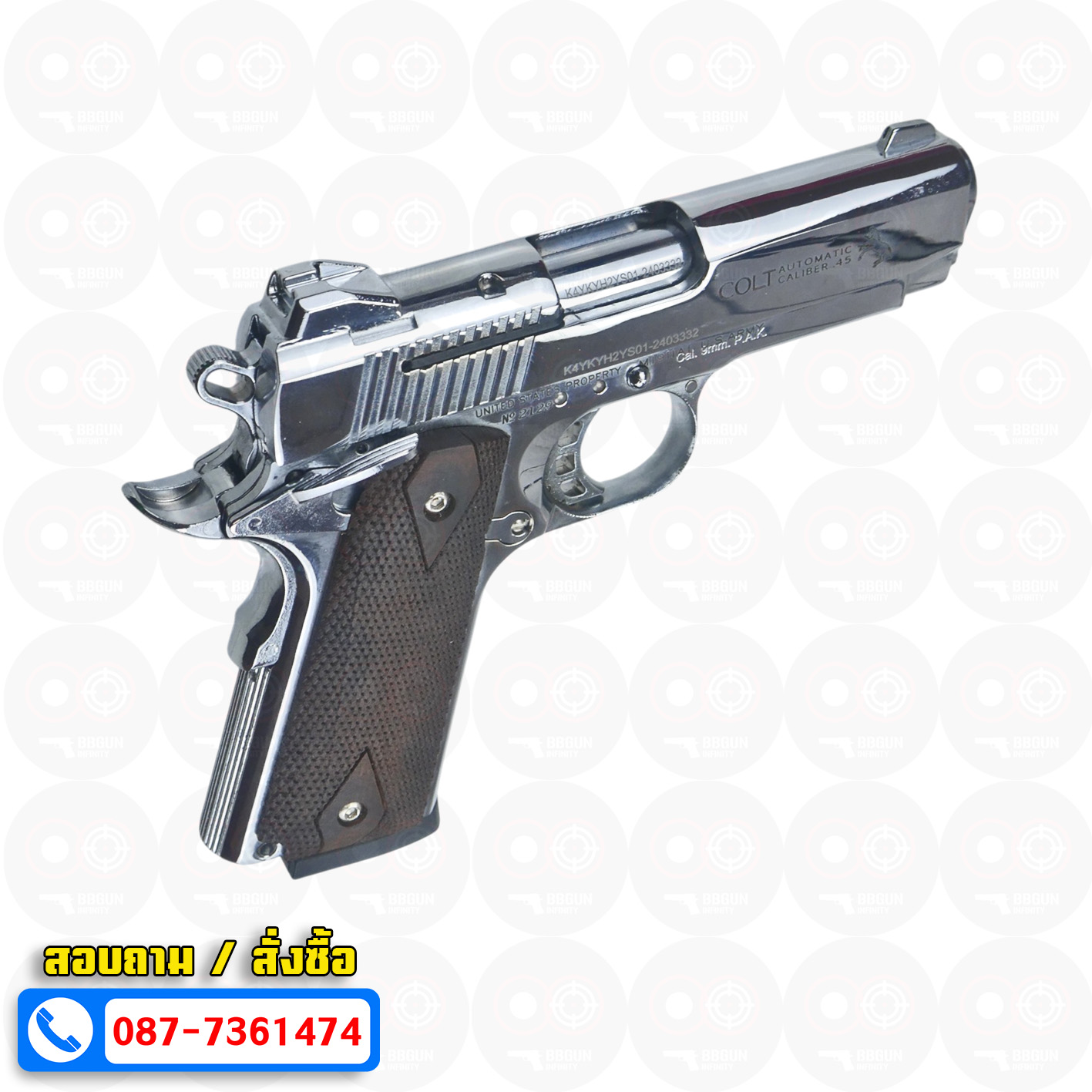 แบลงค์กัน KUZEY M1911 COLT'S MK IV SERIES 80 blank gun สีเงินเงา ลำ 4 นิ้ว ด้ามไม้