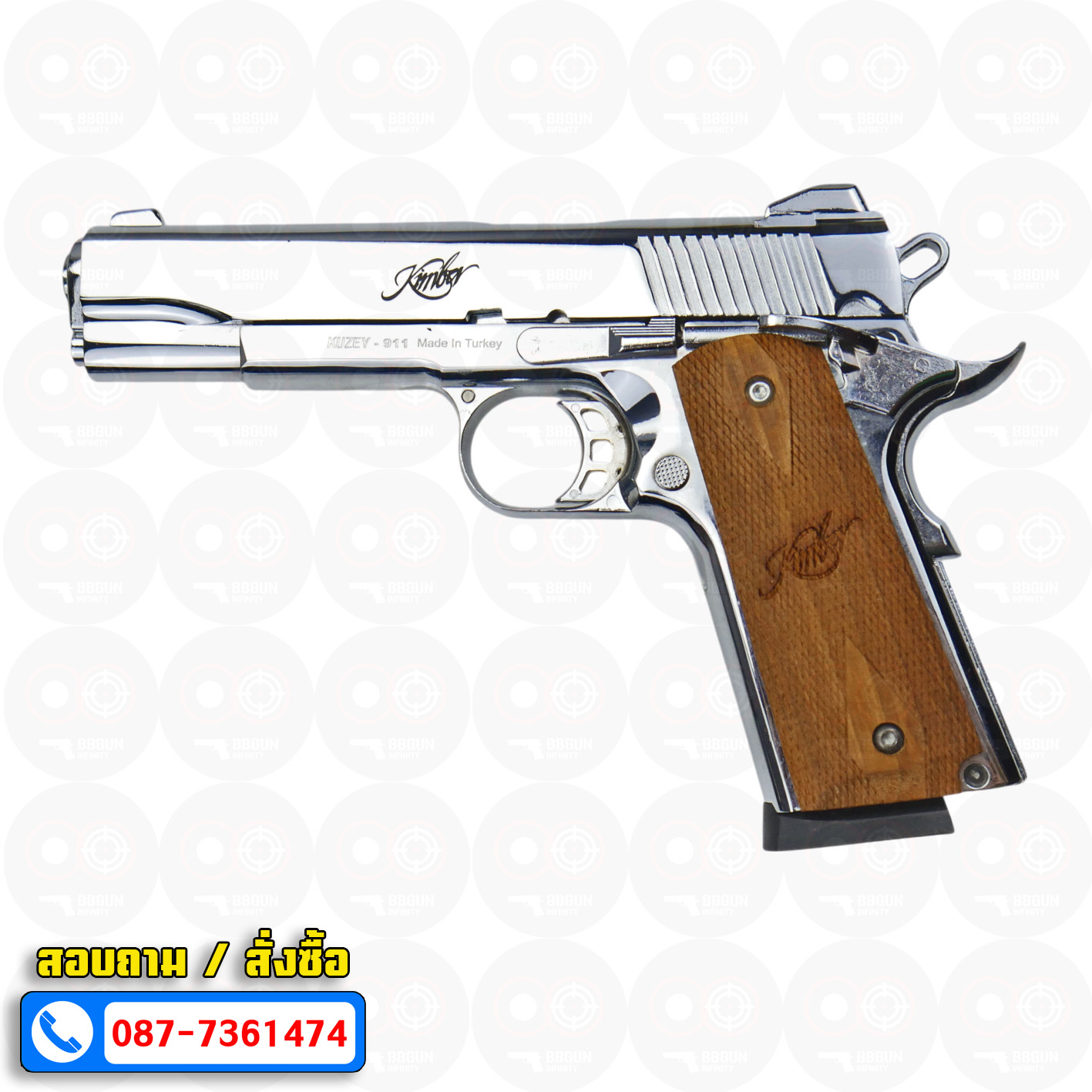 KUZEY M1911 KIMBER ลำกล้อง 5 นิ้ว blank gun สีเงินเงา แบลงค์กัน (แถมกล่องใส่ปืน)