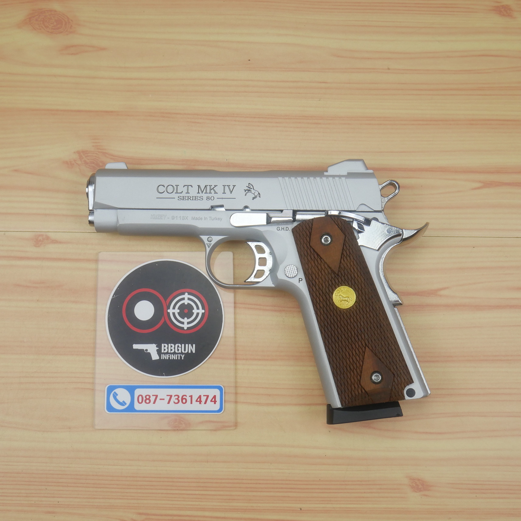 แบลงค์กัน KUZEY M1911 Colt MK IV 80 สีเงินด้าน ลำกล้อง 4 นิ้ว blank gun ด้ามไม้