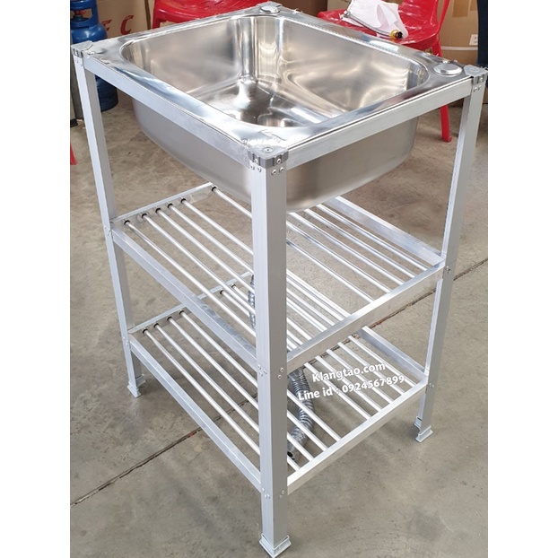 อ่างล้างจาน อ่างเดี่ยว 40x48x80 ซม. ตะแกรงซี่ 2 ชั้น รุ่น M813 ซิงค์ สแตนเลส ขาอลูมิเนียม (ไม่เจาะรูก๊อก ไม่ขัดเงา)