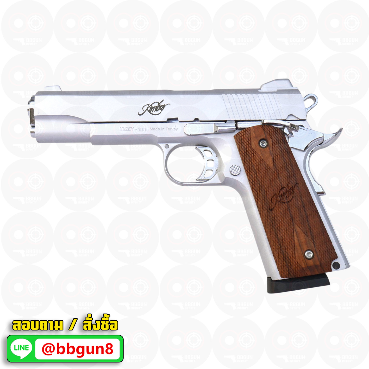 แบลงค์กัน KUZEY M1911 ลำกล้อง 5 นิ้ว KIMBER blank gun สีเงินด้าน ด้ามไม้ (แถมกล่องใส่ปืน)