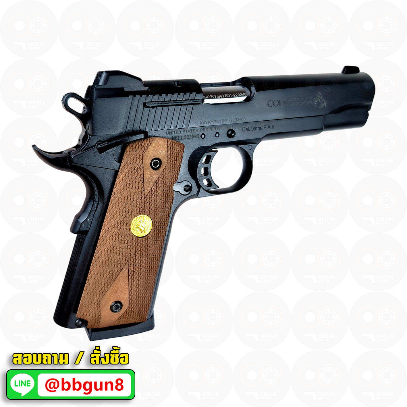แบลงค์กัน KUZEY M1911 ลำกล้อง 5 นิ้ว COLT'S MK IV SERIES'70 สีดำ ด้ามไม้ blank gun