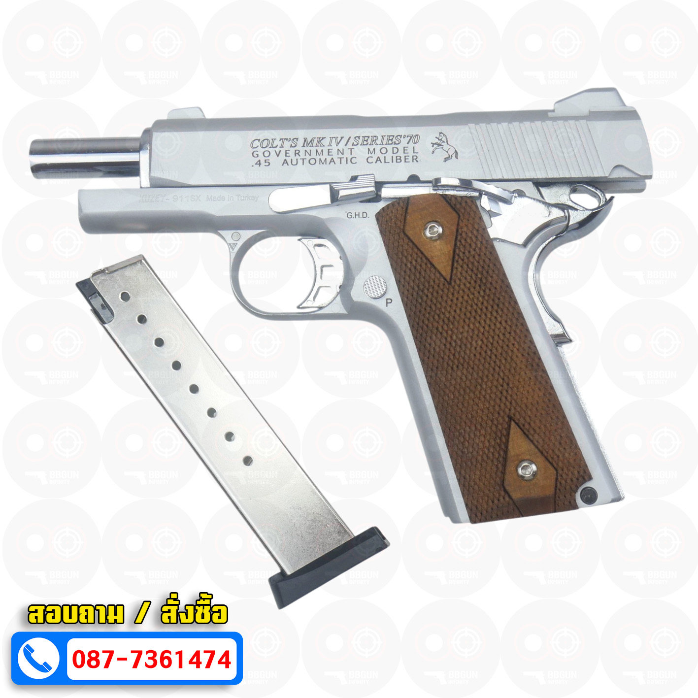 แบลงค์กัน KUZEY M1911 COLT MK IV SR70 สีเงินด้าน 4 นิ้ว ด้ามไม้ blank gun