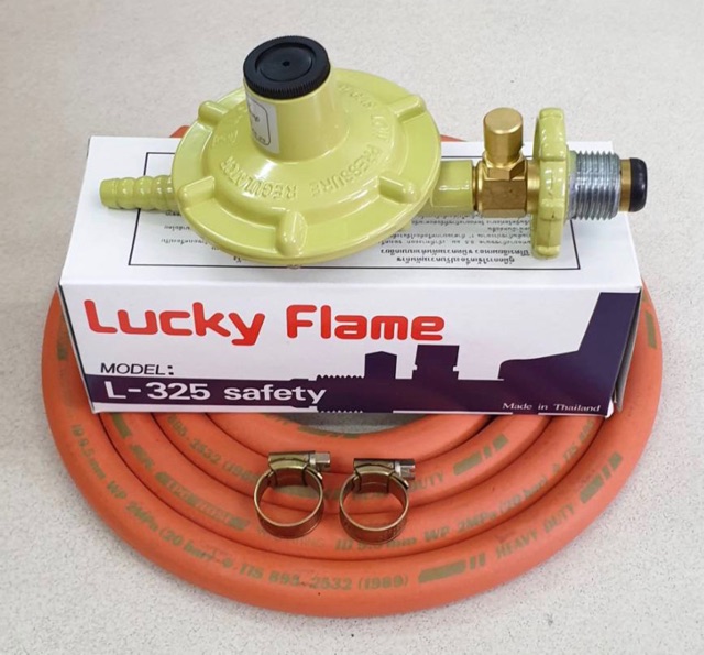 ชุดหัวปรับแรงดันต่ำ LUCKY FLAME เซฟตี้ L-325S พร้อมสายแก๊ส NCR คุณภาพสูง มาตรฐาน มอก. ขนาด 2 เมตร ตัวรัด 2 ตัว