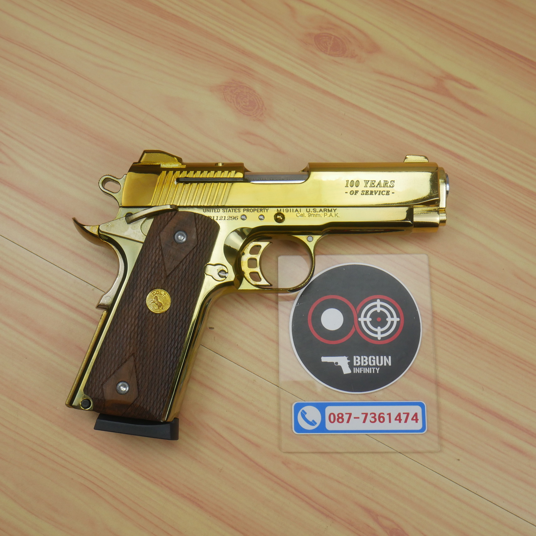 Blank Gun KUZEY M1911 COLT'S 100 ปี สีทอง 4 นิ้ว แบลงค์กัน ด้ามไม้