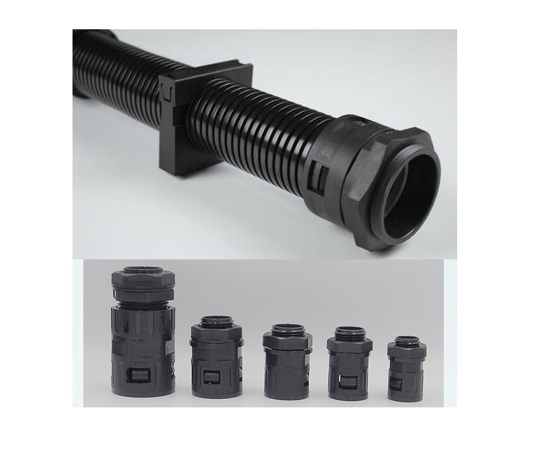 Plastic flexible conduit PA PE with fitting and clamp(ท่ออ่อนร้อยสายไฟพลาสติก ข้อต่อ)
