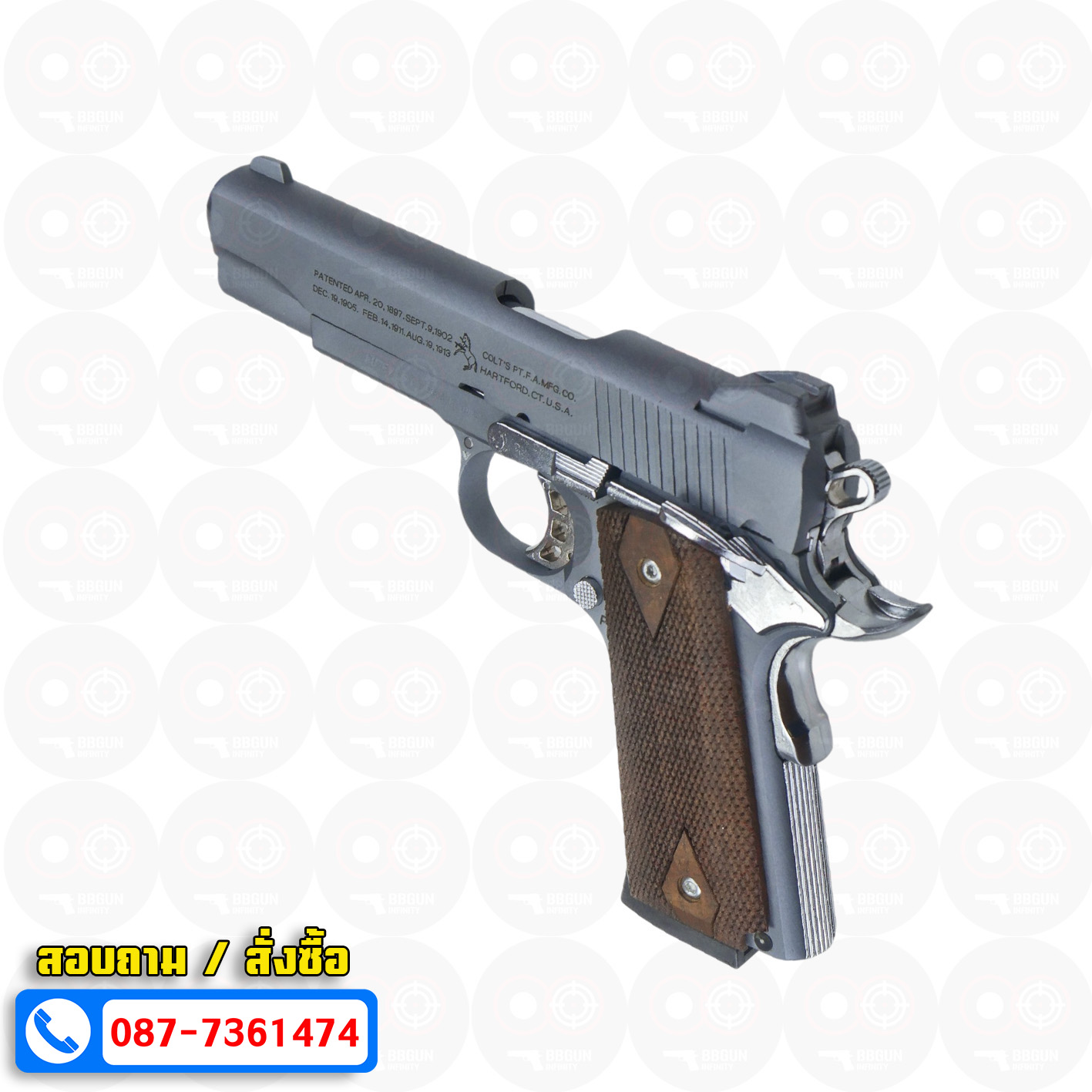 แบลงค์กัน KUZEY M1911 COLT'S 100 ปี สีสโมค ลำกล้อง 5 นิ้ว blank gun ด้ามไม้ (แถมกล่องใส่ปืน)