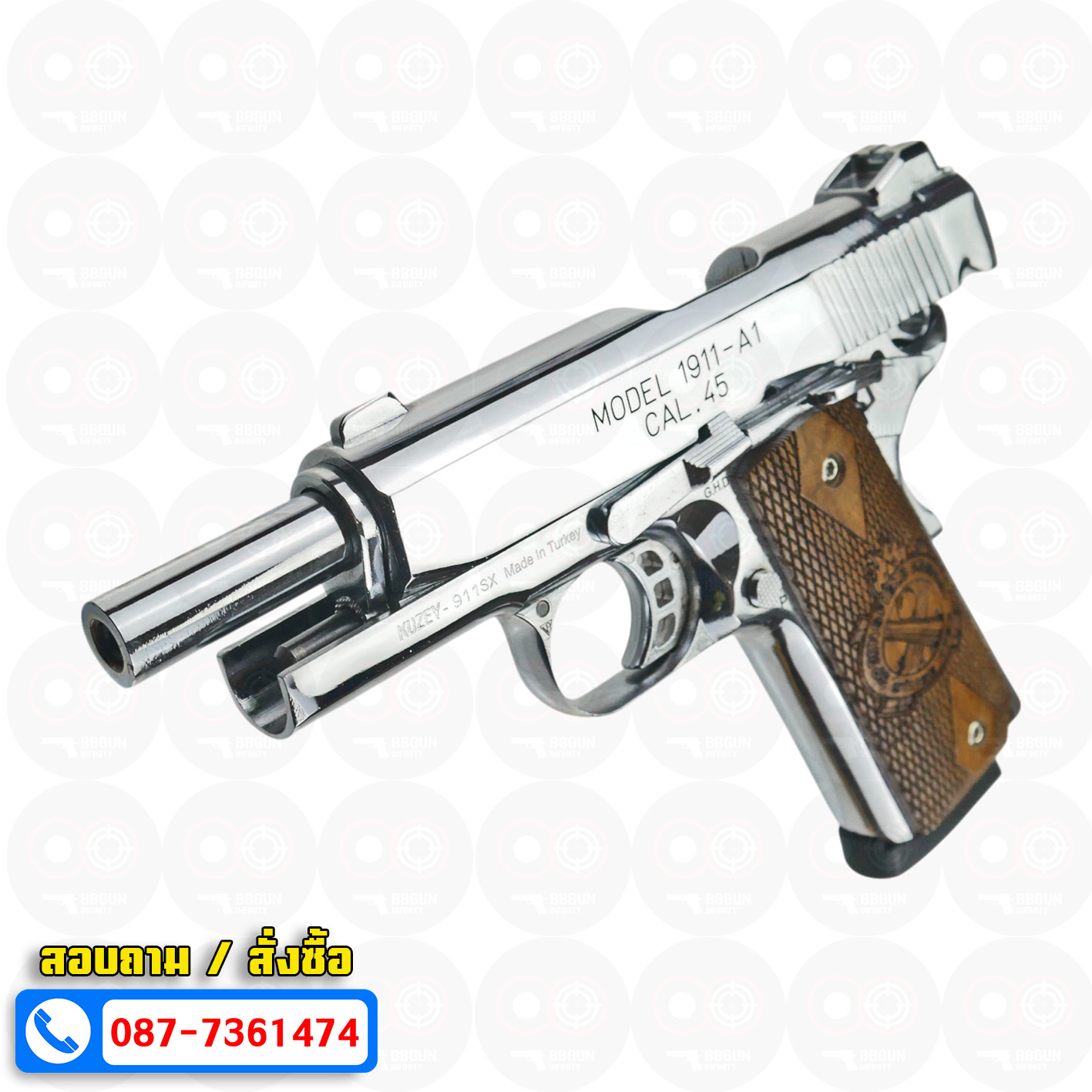 แบลงค์กัน KUZEY M1911-A1 ลำกล้อง 4 นิ้ว SPRINGFIELD ARMORY สีเงินเงา blank gun ด้ามไม้ (แถมกล่องใส่ปืน)