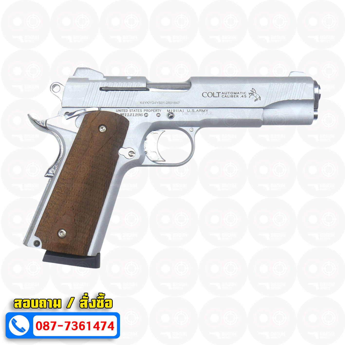 แบลงค์กัน KUZEY M1911 COLT MK IV SR70 สีเงินด้าน 5 นิ้ว ด้ามไม้ blank gun