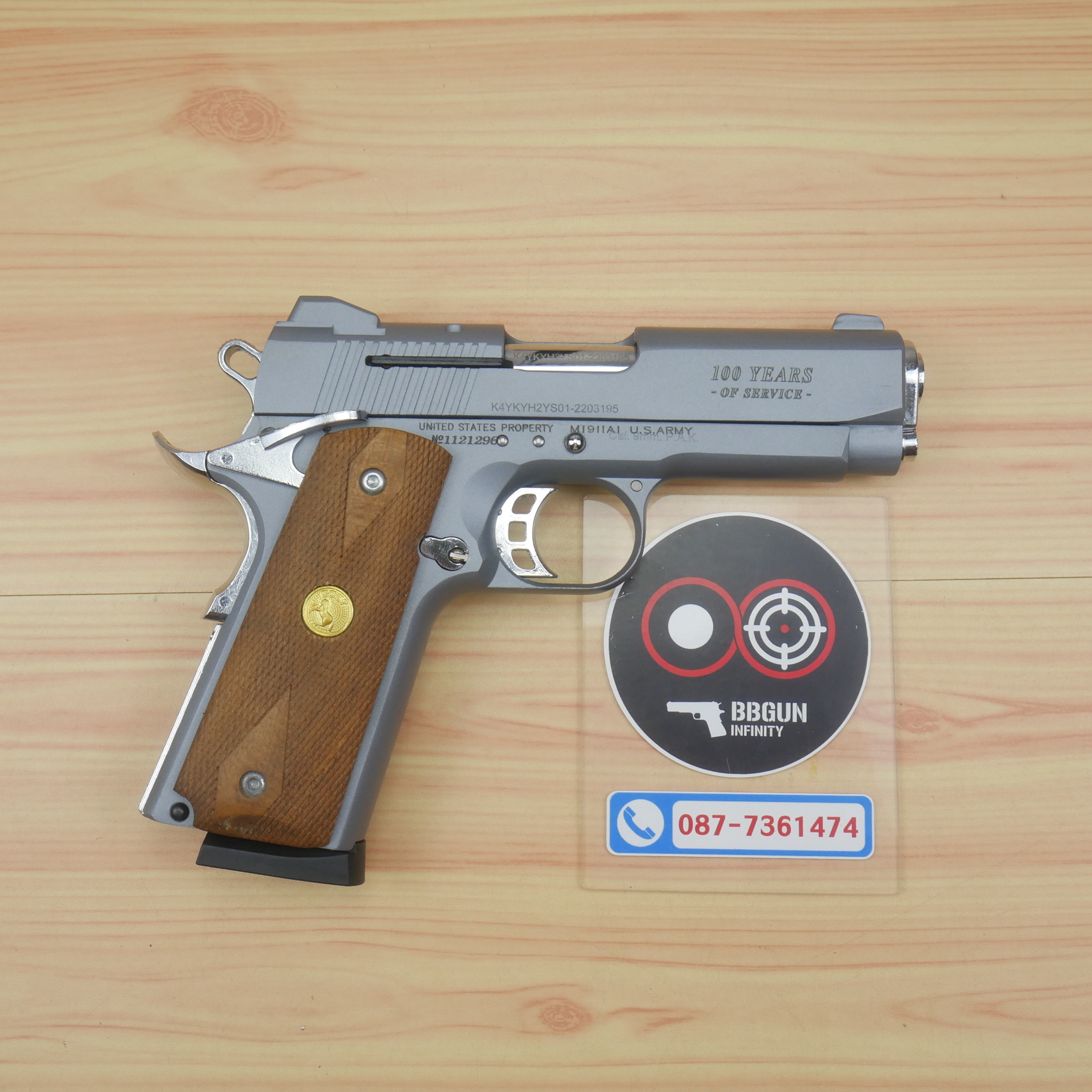 แบลงค์กัน KUZEY M1911 COLT'S 100 ปี สีสโมค 4 นิ้ว blank gun ด้ามไม้