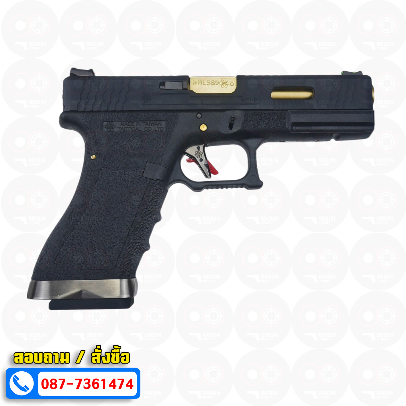 บีบีกันอัดแก๊ส WE Glock 18 G-Force T1 เฟรมดำ สไลด์ดำ ท่อทอง BB GUN