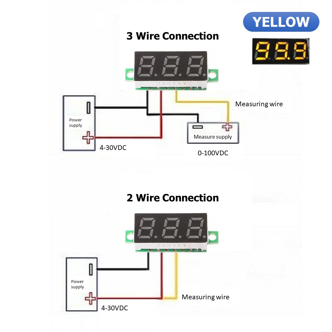 (1ชิ้น) NC292 จอแสดงผล โวลต์มิเตอร์ 3 สาย สีเหลือง ขนาด 0.28นิ้ว 0-100VDC 3-Wire DC Voltmeter Yellow