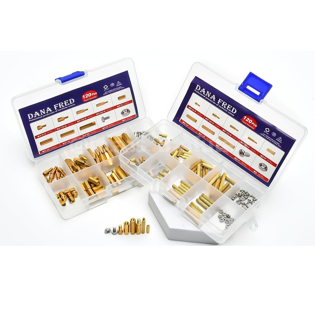 M2-120-Brass ชุดเสาทองเหลือง นอต สกรู M2 120ชิ้น 120Pcs M2 Hex Brass Standoff + Nut + Screw kit เสายึดแผ่นปริ้น เสารองบอร์ด ขารองบอร์ด เสารองแผ่น PCB