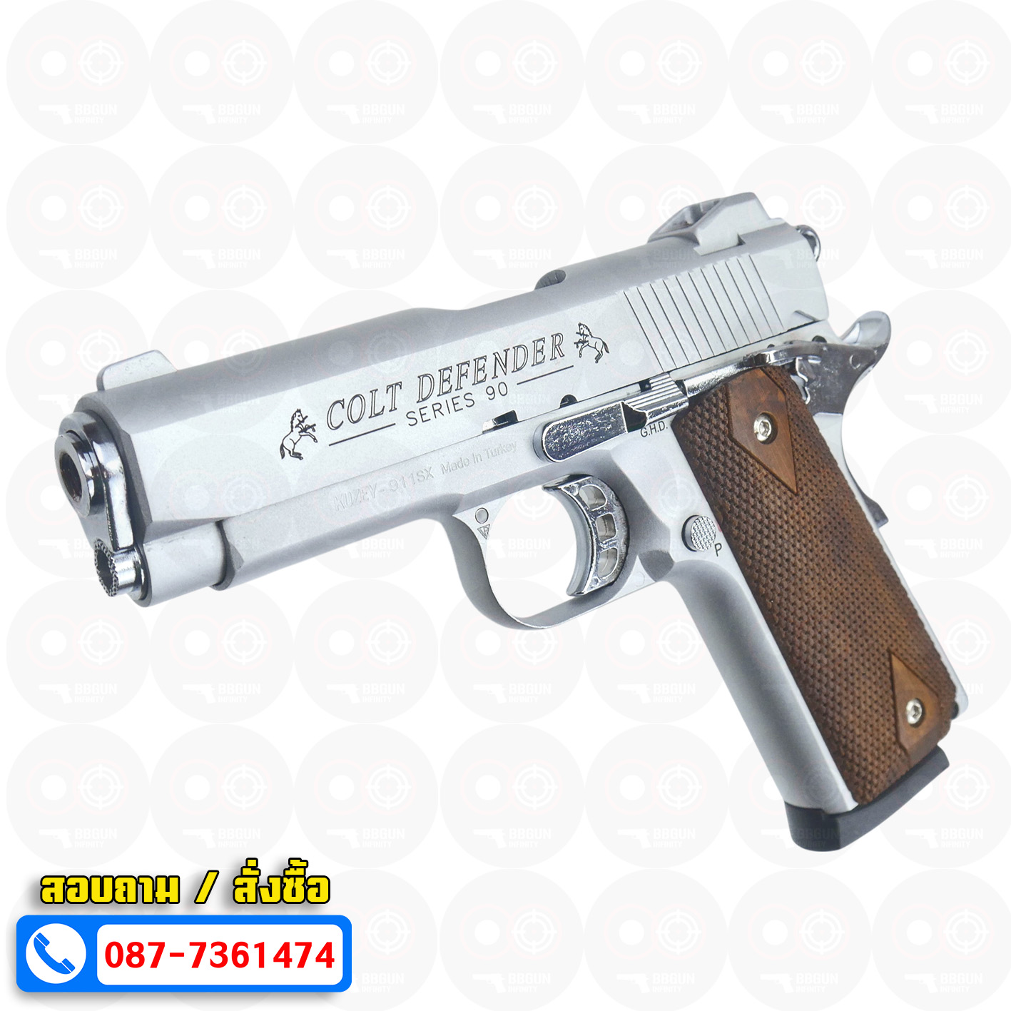 แบลงค์กัน KUZEY M1911 COLT'S DEFENDER SERIES 90 สีเงินด้าน 4 นิ้ว ด้ามไม้ Blank Gun
