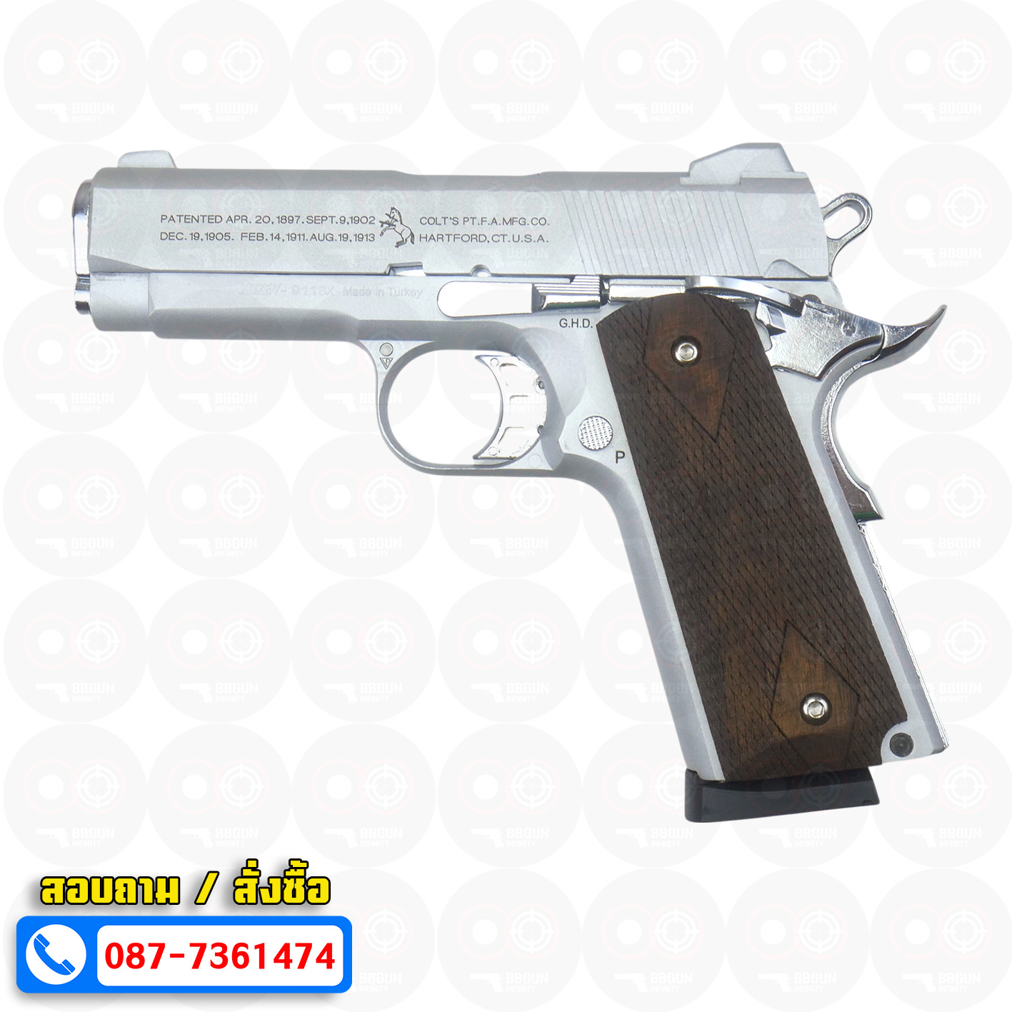 แบลงค์กัน KUZEY M1911 COLT'S 100 ปี สีเงินด้าน 4 นิ้ว ด้ามไม้ blank gun
