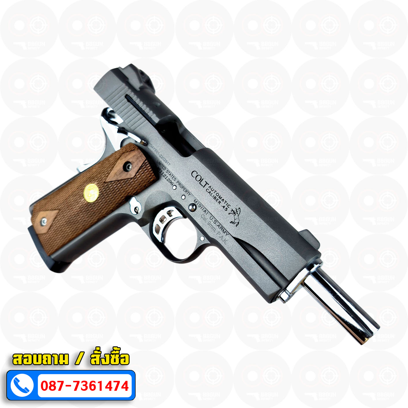 แบลงค์กัน KUZEY M1911 ลำ 5 นิ้ว COLT'S MK IV SERIES'70 blank gun สีสโม๊ค (smoke) ด้ามไม้