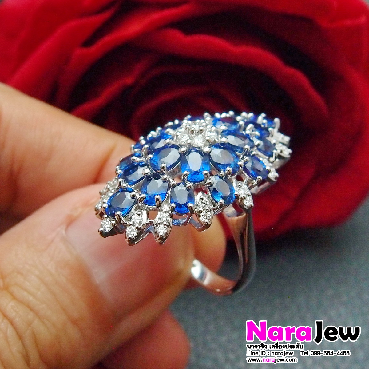 แหวนไพลิน ซีลอน ล้อมเพชรแท้ แบบแหวนทรงมาคี หน้ากว้าง ใส่เต็มนิ้วสุดๆ