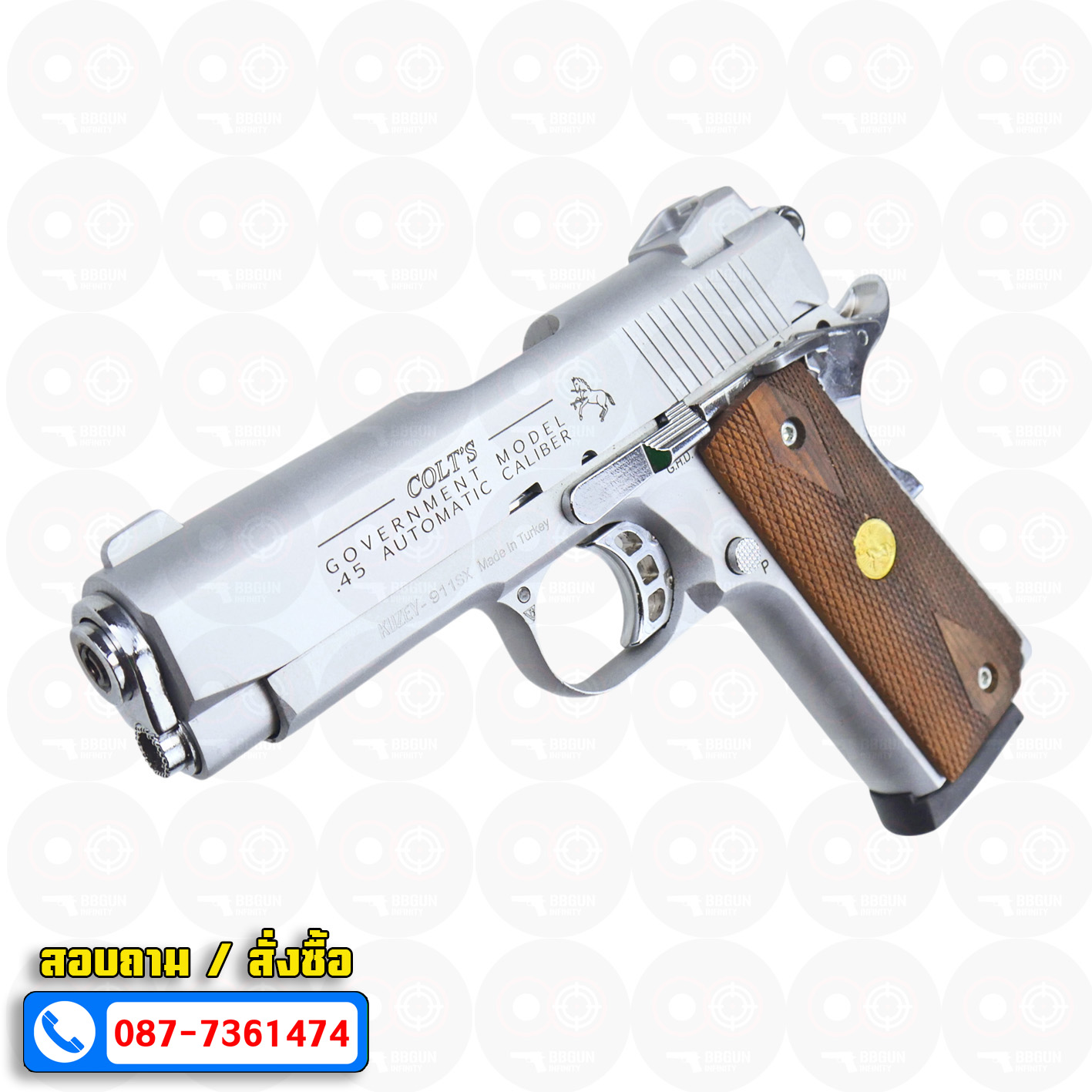 Blank Gun KUZEY Colt Government 100 Years ลํากล้อง 4 นิ้ว เงินด้าน แบลงค์กัน ด้ามไม้ (แถมกล่องใส่ปืน)