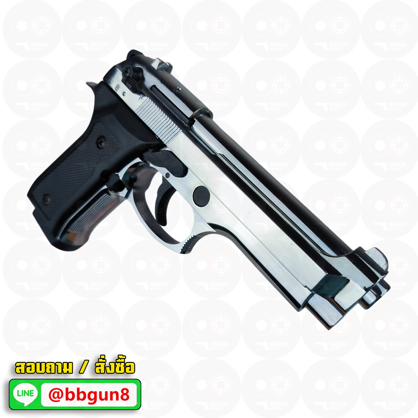 แบลงค์กัน BLOW F92 AUTO SHINY CHROME สีเงินเงา Blank Gun ( 2 แม็กกาซีน + กล่องปืน )