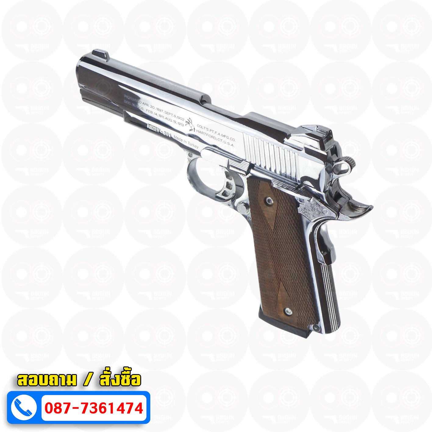 แบลงค์กัน KUZEY M1911 COLT'S 100 ปี สีเงินเงา ลำกกล้อง 5 นิ้ว blank gun ด้ามไม้