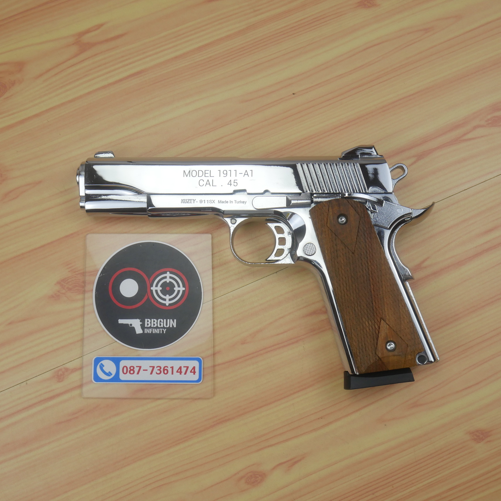 แบลงค์กัน KUZEY M1911-A1 สีเงินเงา 5 นิ้ว SPRINGFIELD ARMORY blank gun ด้ามไม้