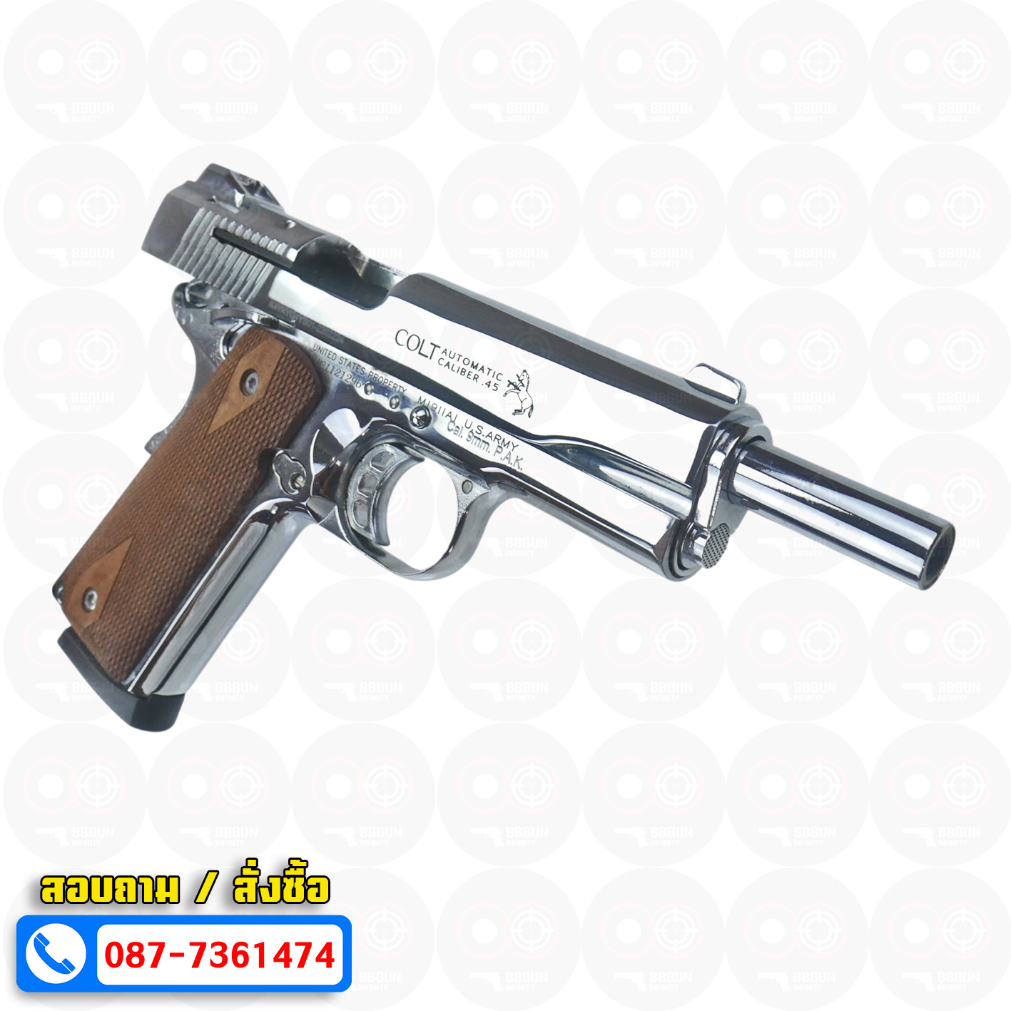 แบลงค์กัน KUZEY M1911 COLT'S MK IV SERIES 80 blank gun สีเงินเงา ลำกล้อง 5 นิ้ว ด้ามไม้