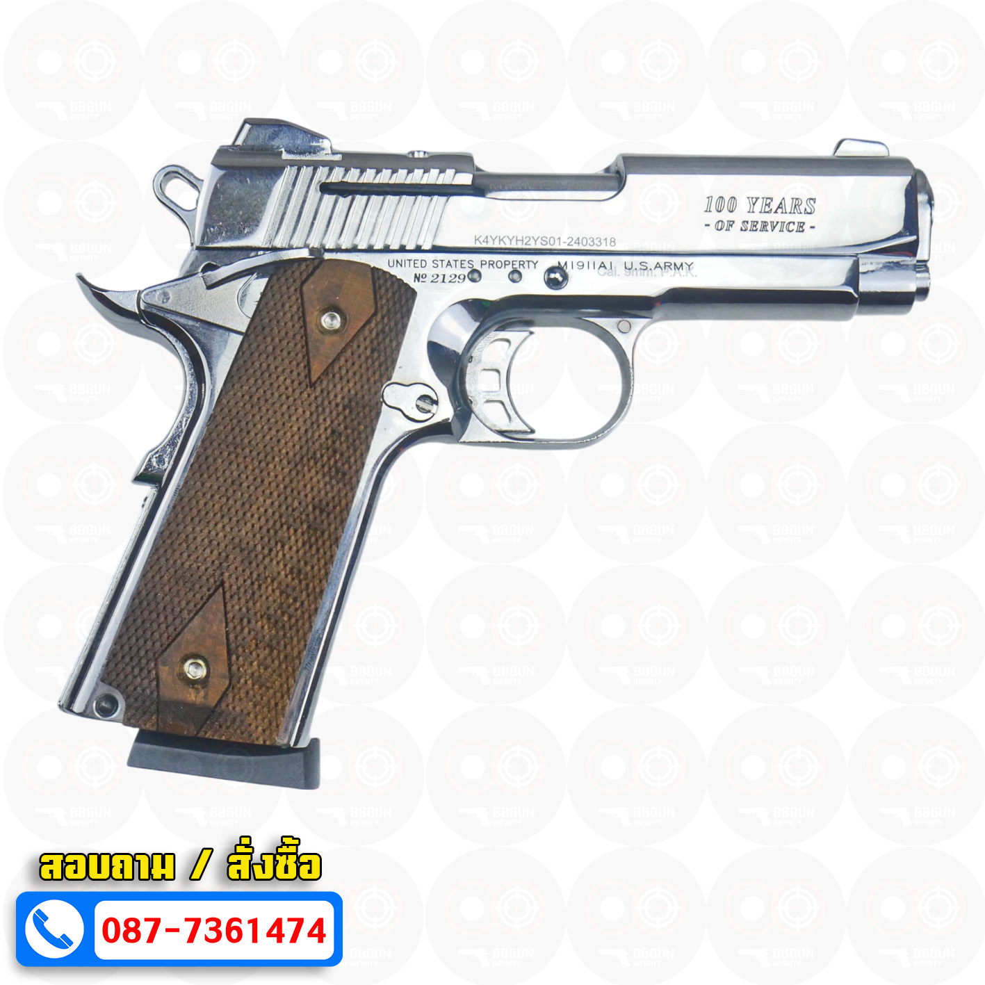 แบลงค์กัน KUZEY M1911 COLT GOVERMENT 100 Year เงินเงา 4 นิ้ว blank gun ด้ามไม้