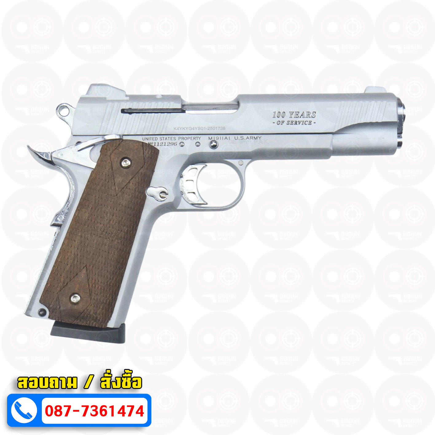 แบลงค์กัน KUZEY M1911 COLT GOVERMENT 100 Year สีเงินด้าน ลำกล้อง 5 นิ้ว blank gun ด้ามไม้