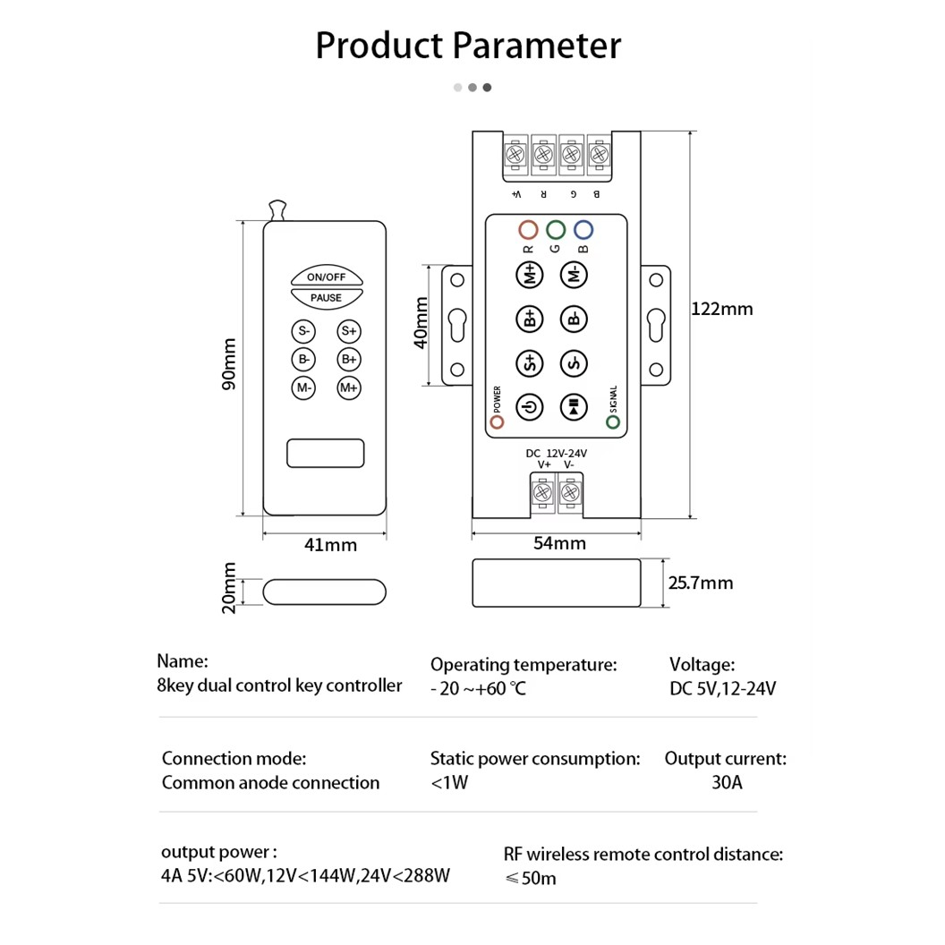 RGB CON-003 ชุดรีโมทควบคุมไฟเส้น LED Strip Light Control 8 Keys RF Wireless Remote Dimmer Controller DC 12-24V 30A (10A in each channel)