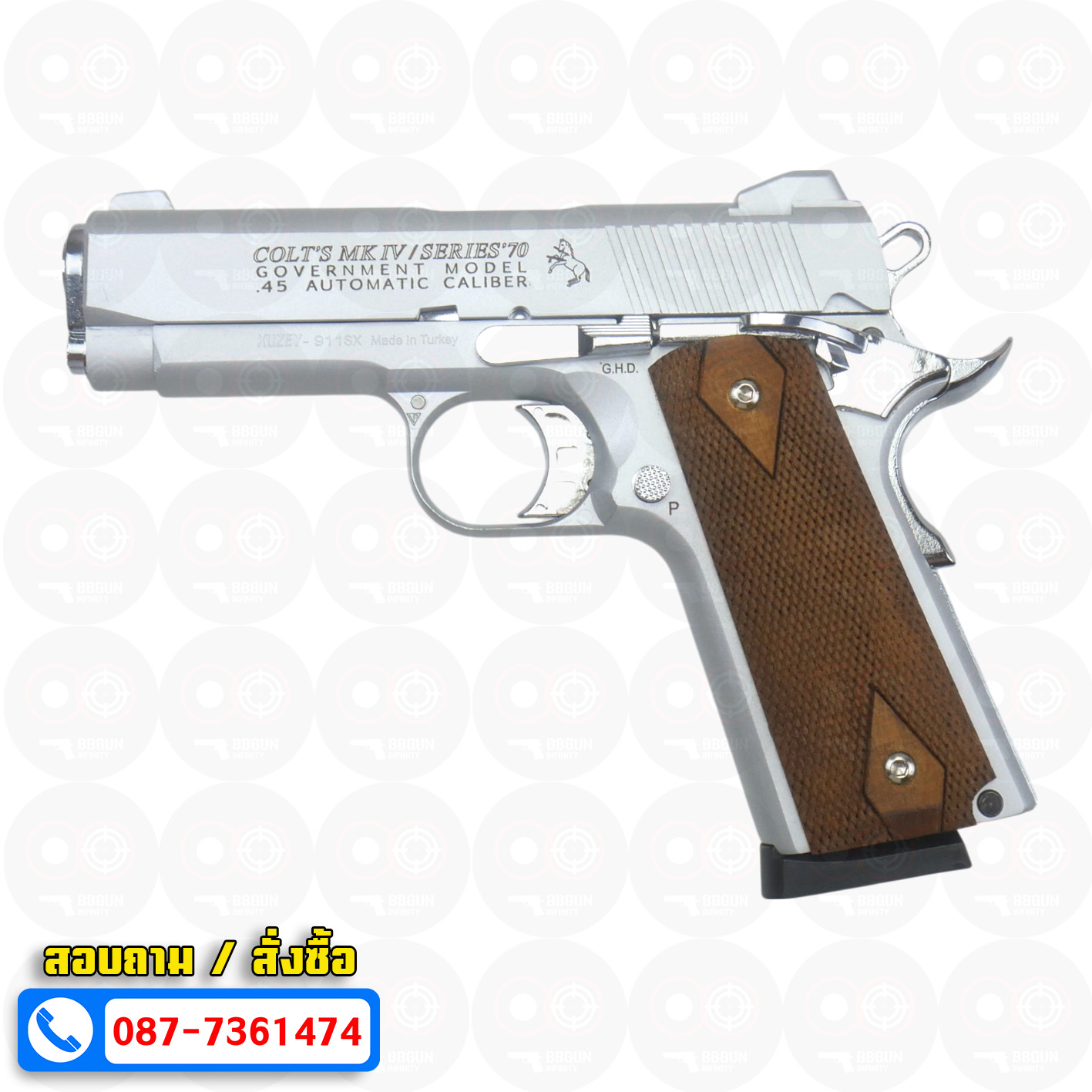 แบลงค์กัน KUZEY M1911 COLT MK IV SR70 สีเงินด้าน 4 นิ้ว ด้ามไม้ blank gun