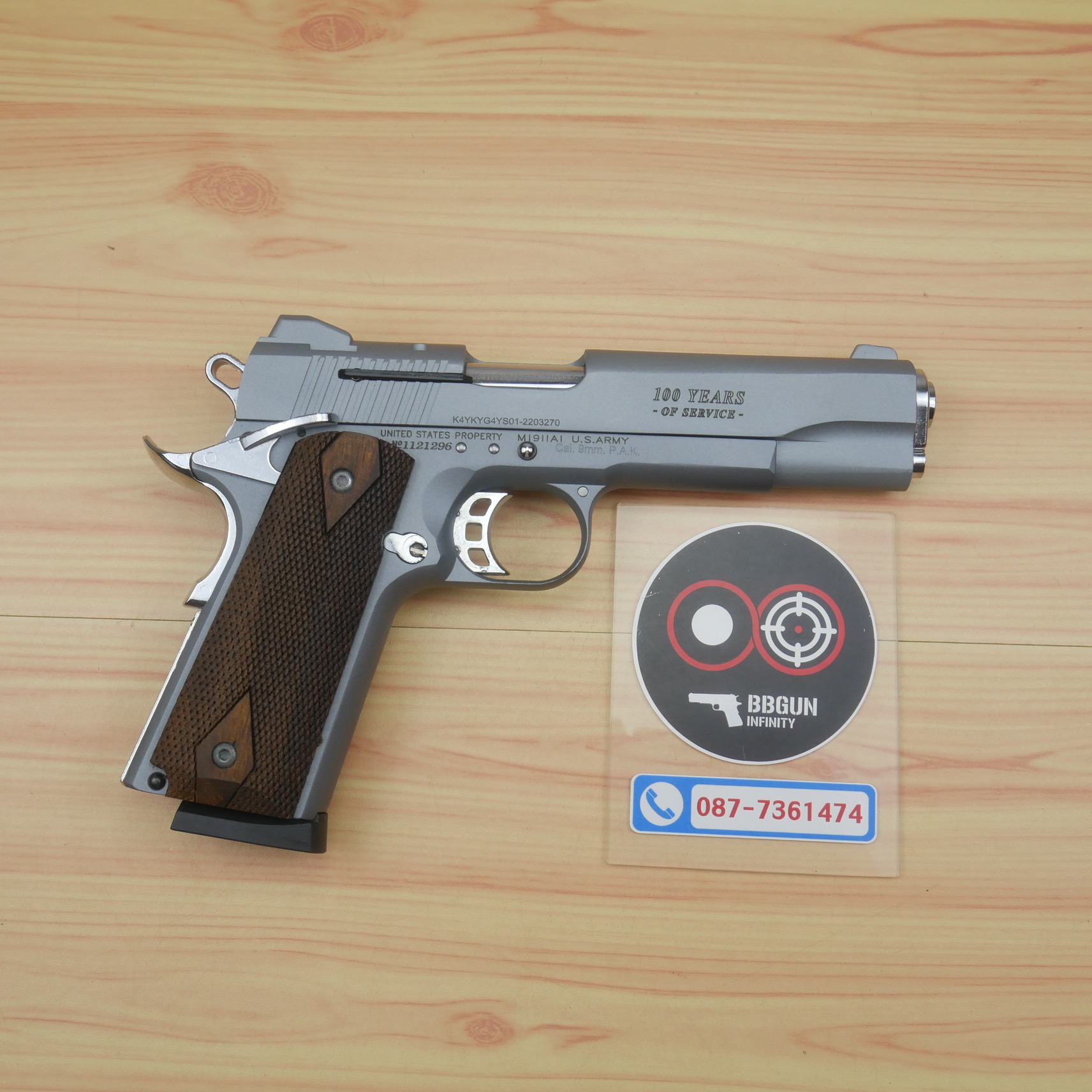 แบลงค์กัน KUZEY M1911 COLT'S 100 ปี สีสโมค ลำกล้อง 5 นิ้ว blank gun ด้ามไม้ (แถมกล่องใส่ปืน)