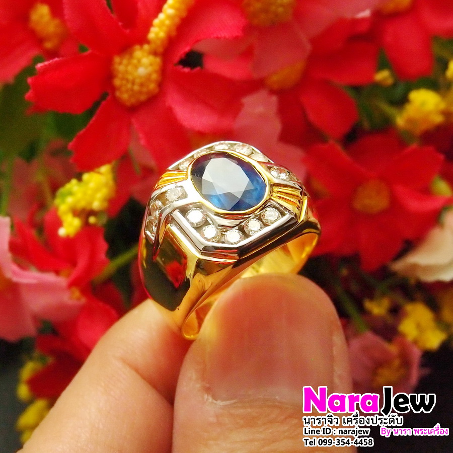 แหวนไพลินล้อมเพชรชาย สี Top รอยัลบลู Royal Blue Sapphire ล้อมเพชรแท้ พร้อมใบเซอร์สถาบันอัญมณี GBL หลุดจำนำ