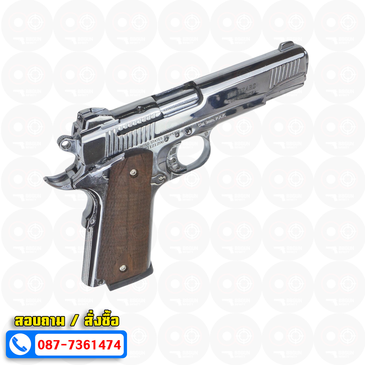 แบลงค์กัน KUZEY M1911 COLT'S 100 ปี สีเงินเงา 5 นิ้ว ด้ามไม้ blank gun