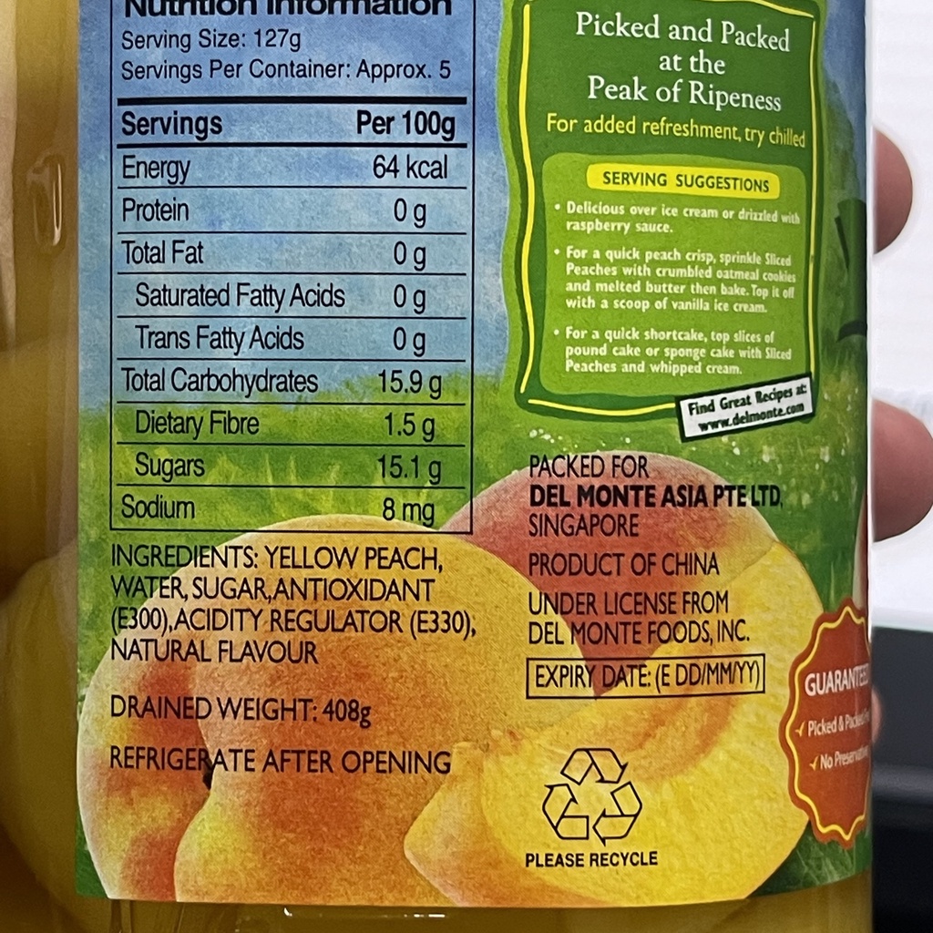 เดลมอนเต้ พีชในน้ำเชื่อม ชนิดหวานน้อย น้ำหนักสุทธิ 680 กรัม Del Monte Sliced Cling Peaches in Light Syrup 680 g.